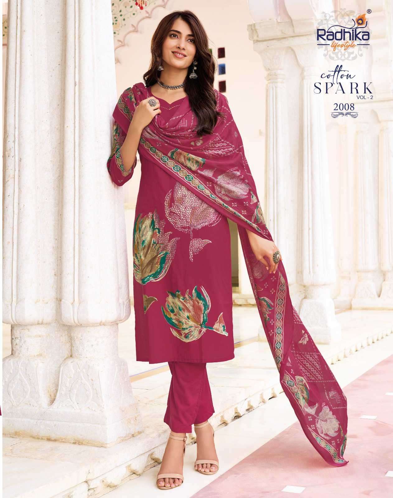 COTTON SPARK VOL-2 SERIES 2001 TO 2008 BY RADHIKA LIFESTYLE DESIGNER PRINTED AND WORK COTTON KURTI WITH BOTTOM AND DUPATTA ARE AVAILABLE AT WHOLESALE PRICE