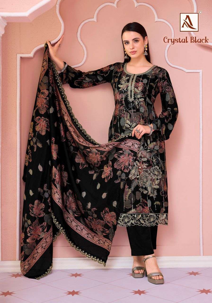 CRYSTAL BLACK SERIES 3090 BY ALOK SUITS DESIGNER DISCHARGE FOIL PRINT AND EMBROIDERY WORK VISCOSE RAYON SUITS ARE AVAILABLE AT WHOLESALE PRICE 