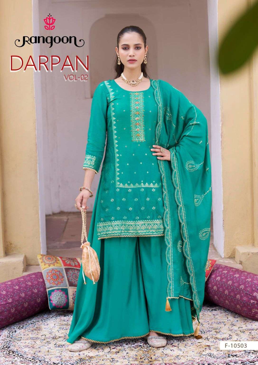 DARPAN VOL-2 SERIES 10501 TO 10504 BY RANGOON DESIGNER KHATLI WORK DOLA JACQUARD TOP WITH BOTTOM AND DUPATTA ARE AVAILABLE AT WHOLESALE PRICE