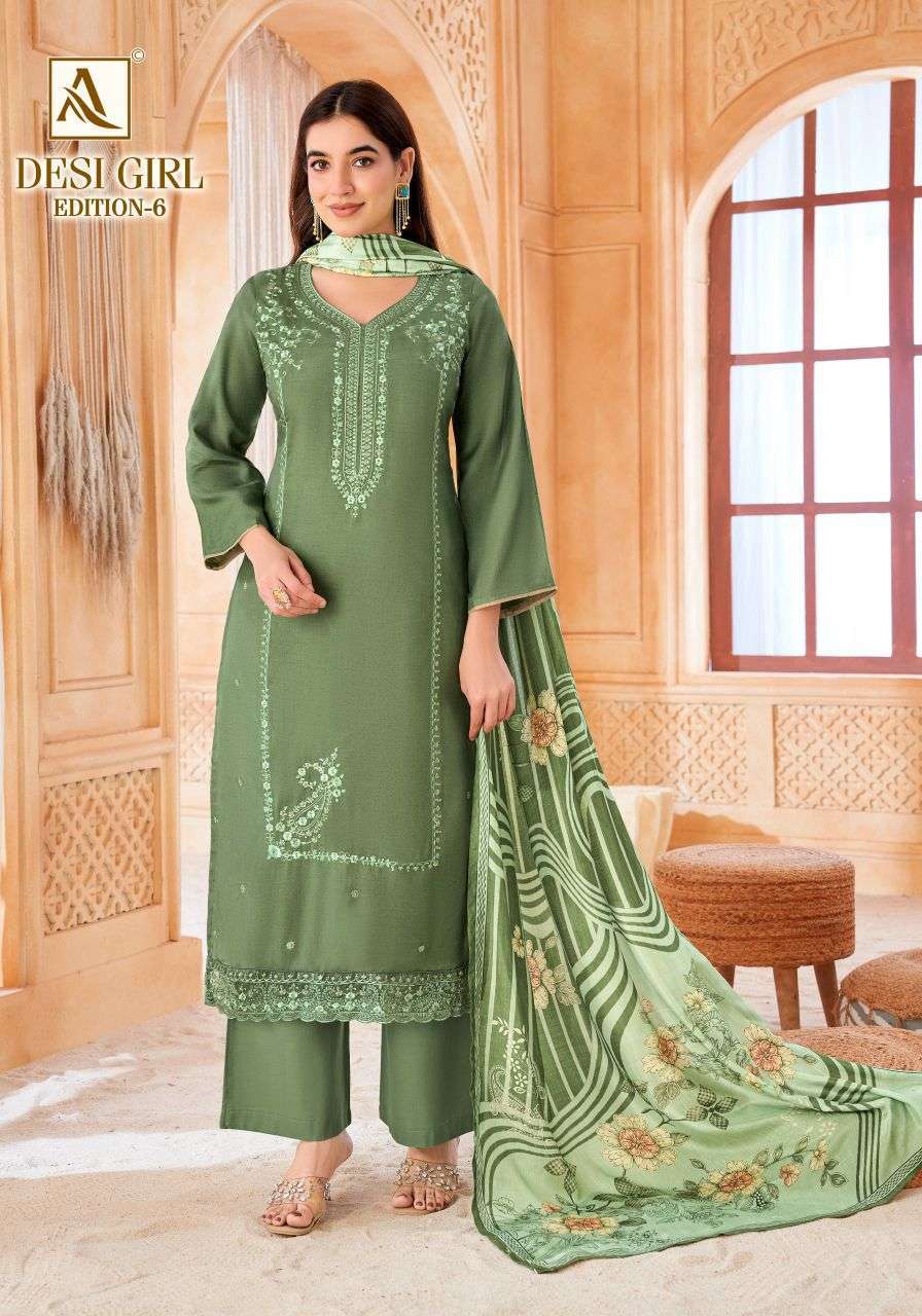 DESI GIRL EDITION-6 SERIES 3080 BY ALOK SUITS DESIGNER EMBROIDERY WORK VISCOSE MUSLIN SUITS ARE AVAILABLE AT WHOLESALE PRICE