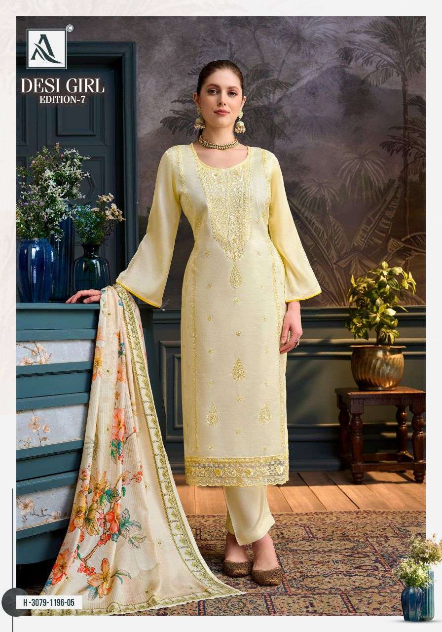 DESI GIRL EDITION-7 SERIES 3079 BY ALOK SUITS DESIGNER EMBROIDERY WORK VISCOSE MUSLIN SUITS ARE AVAILABLE AT WHOLESALE PRICE
