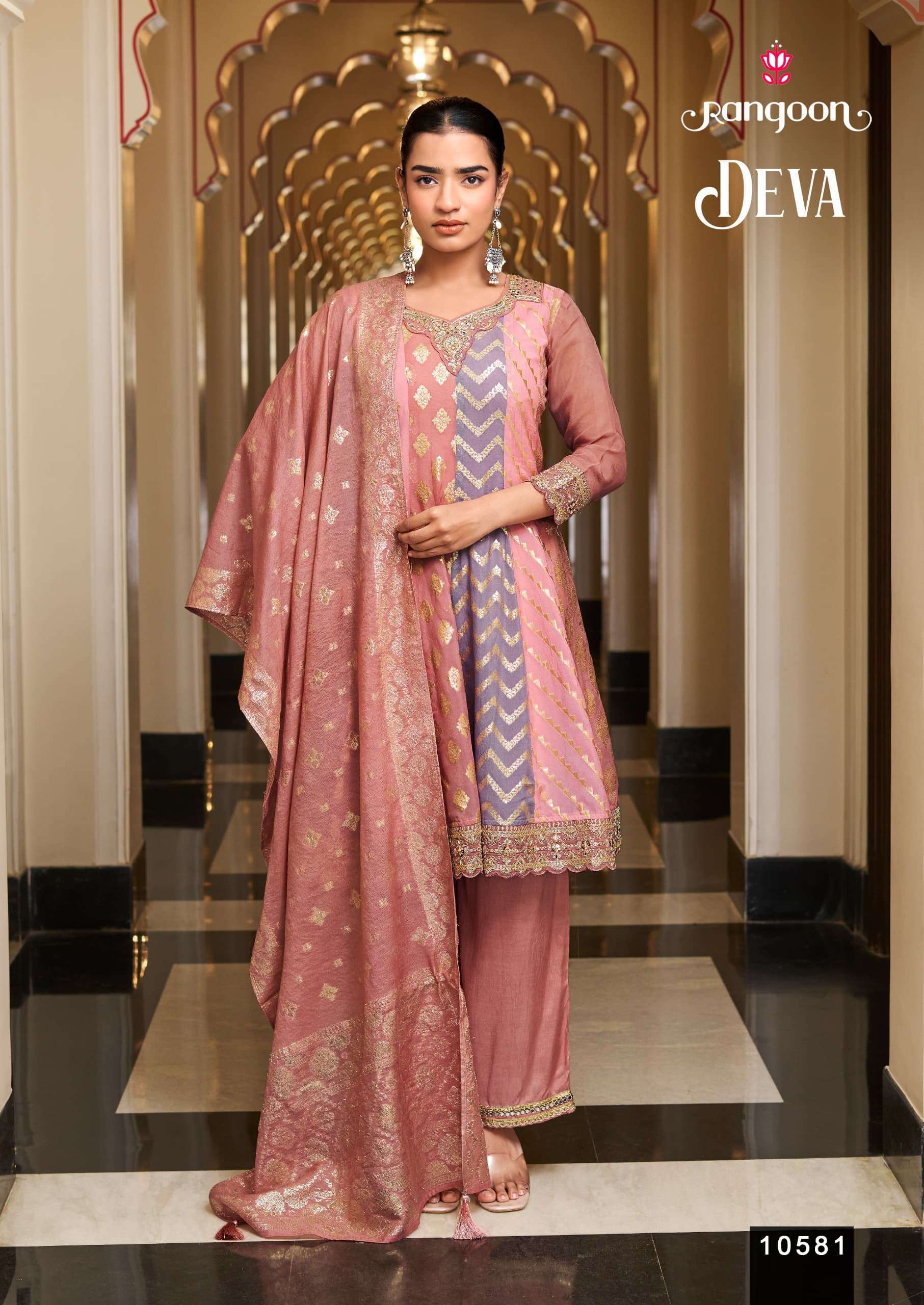 DEVA SERIES 10581 TO 10582 BY RANGOON DESIGNER FANCY WORK ORGANZA JACQUARD ANARKALI STYLE TOP WITH BOTTOM AND DUPATTA ARE AVAILABLE AT WHOLESALE PRICE 