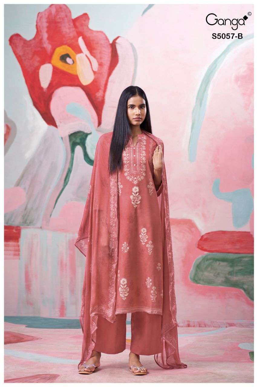 DEYRA SERIES 5057 BY GANGA DESIGNER PRINTED WITH HAND WORK AND SCHIFFLI EMBROIDERY WORK COTTON SATIN SUITS ARE AVAILABLE AT WHOLESALE PRICE
