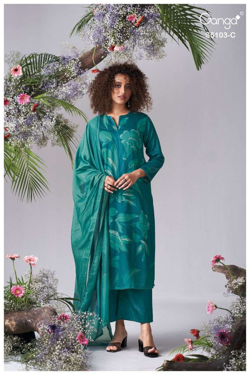 DHYANA SERIES 5103 BY GANGA DESIGNER PRINTED WITH HAND WORK AND HAND EMBROIDERY WORK COTTON SATIN SUITS ARE AVAILABLE AT WHOLESALE PRICE 