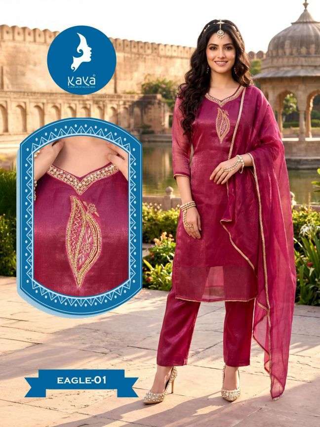 EAGLE SERIES 01 TO 06 BY KAYA DESIGNER EMBROIDERY WORK SATIN SILK TOP WITH BOTTOM AND DUPATTA ARE AVAILABLE AT WHOLESALE PRICE