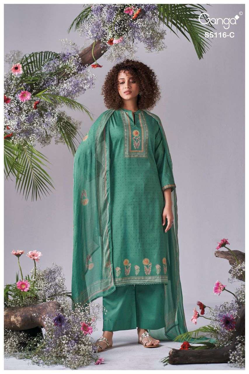ELISIA SERIES 5116 BY GANGA DESIGNER PRINTED WITH HAND WORK AND SCHIFFLI EMBROIDERY WORK COTTON SATIN SUITS ARE AVAILABLE AT WHOLESALE PRICE