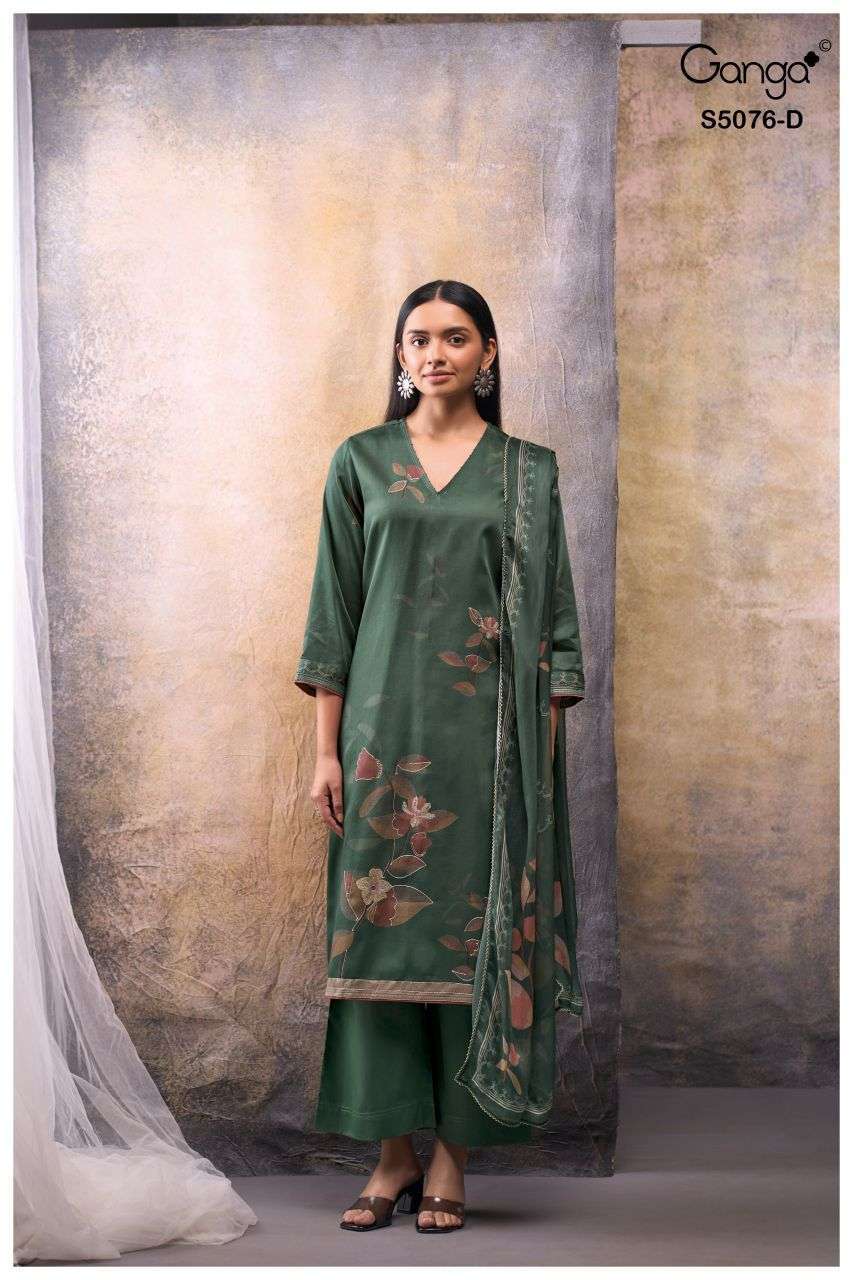 EVELIA SERIES 5076 BY GANGA DESIGNER PRINTED WITH HAND EMBROIDERY AND HAND WORK COTTON SATIN SUITS ARE AVAILABLE AT WHOLESALE PRICE