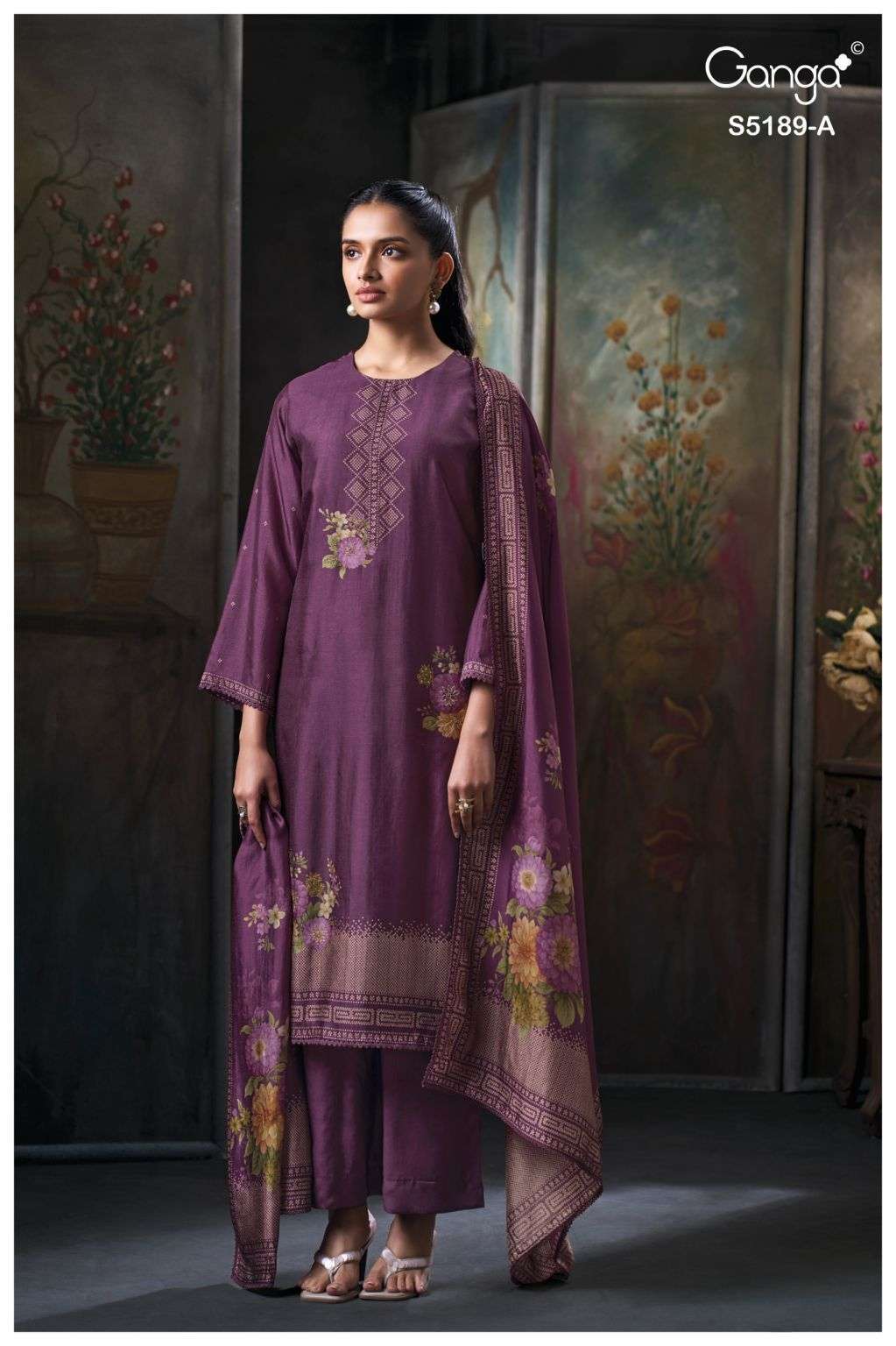EVYRA SERIES 5189 BY GANGA DESIGNER HAND EMBROIDERY AND SCHIFFLI EMBROIDERY WORK BEMBERG RUSSIAN SILK SUITS ARE AVAILABLE AT WHOLESALE PRICE 