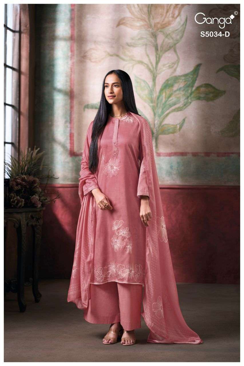 FENYRA SERIES 5034 BY GANGA DESIGNER PRINTED WITH HAND EMBROIDERY AND EMBROIDERY WORK COTTON SATIN SUITS ARE AVAILABLE AT WHOLESALE PRICE