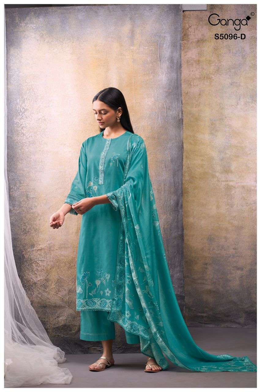 GITISHA SERIES 5096 BY GANGA DESIGNER PRINTED WITH HAND EMBROIDERY AND EMBROIDERY WORK COTTON SATIN SUITS ARE AVAILABLE AT WHOLESALE PRICE