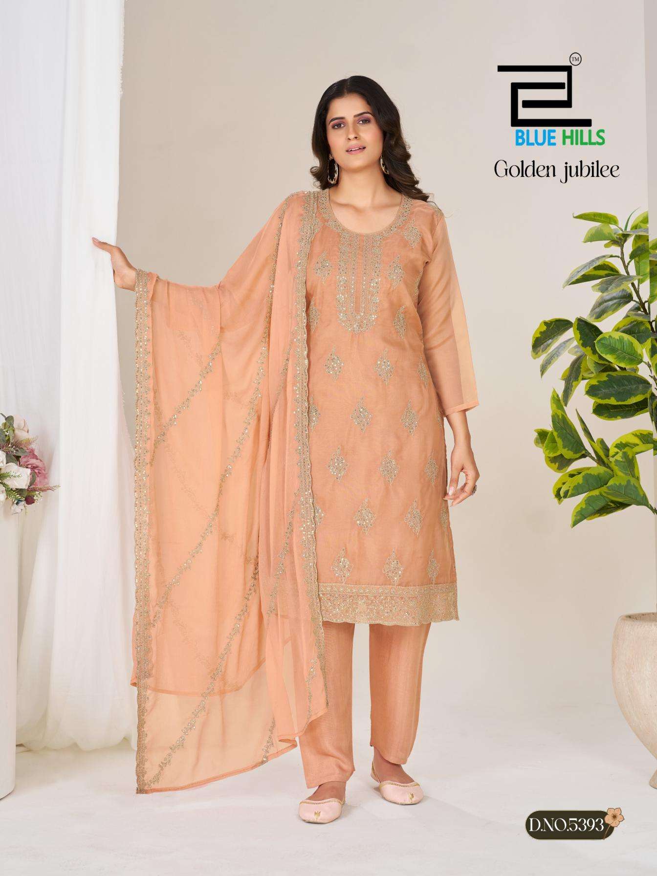 GOLDEN JUBILEE SERIES 5390 TO 5393 BY BLUE HILLS DESIGNER JARI AND SEQUENCE WORK ORGANZA TOP WITH BOTTOM AND DUPATTA ARE AVAILABLE AT WHOLESALE PRICE