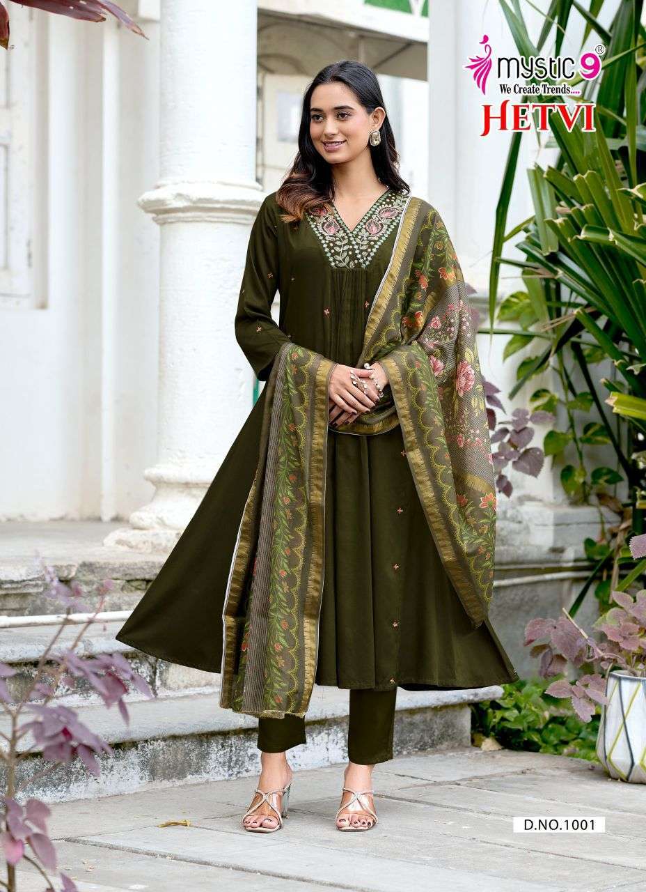 HETVI VOL-1 SERIES 1001 TO 1010 BY MYSTIC 9 DESIGNER EMBROIDERY WORK GAJI SILK KURTI WITH BOTTOM AND DUPATTA ARE AVAILABLE AT WHOLESALE PRICE