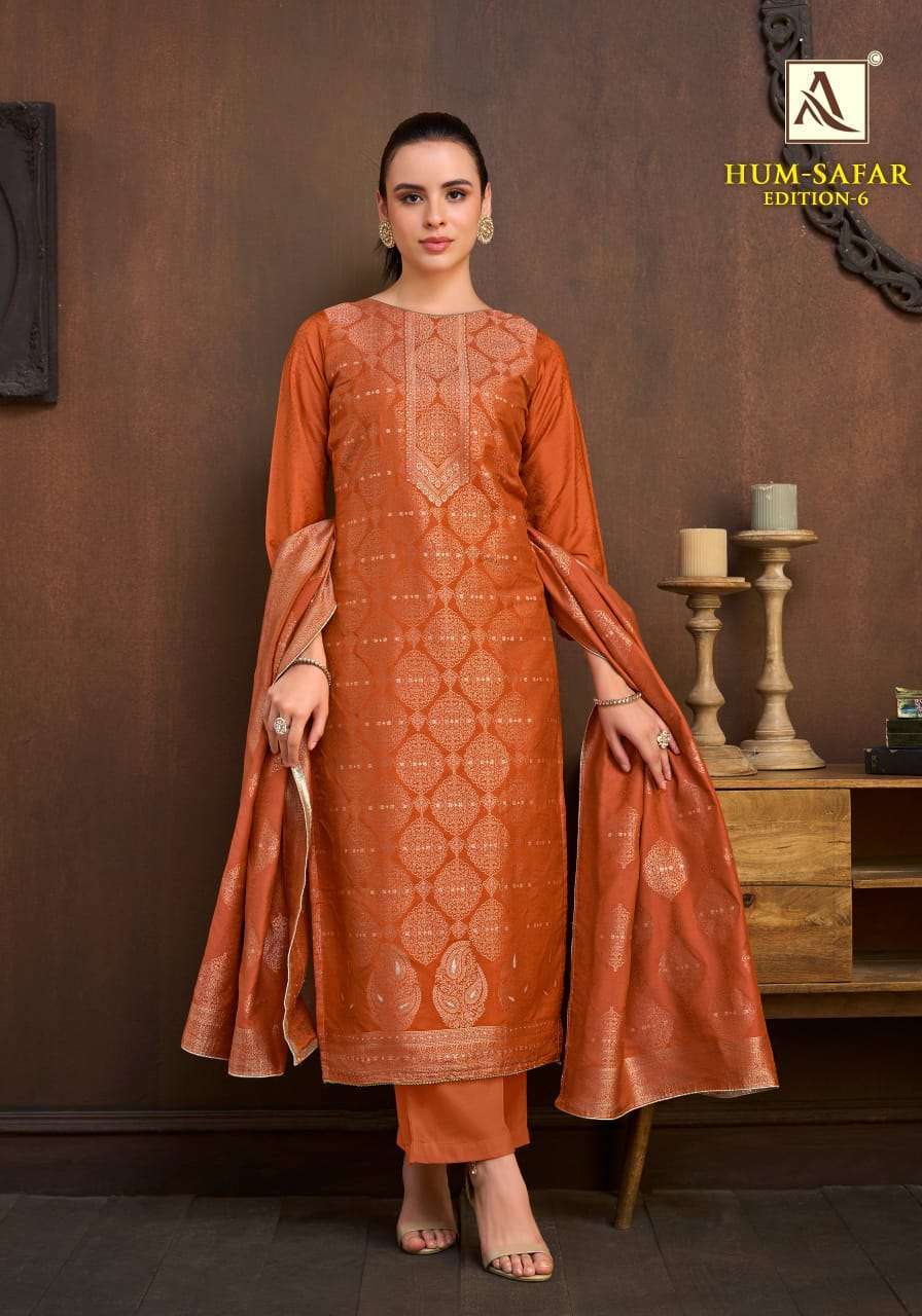 HUM SAFAR EDITION-6 SERIES 3091 BY ALOK SUITS DESIGNER HAND WORK MUSLIN JACQUARD SUITS ARE AVAILABLE AT WHOLESALE PRICE