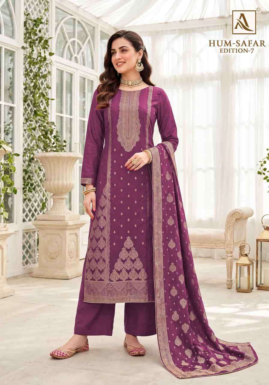 HUM SAFAR EDITION-7 SERIES 1227 BY ALOK SUITS DESIGNER HAND WORK VISCOSE MUSLIN JACQUARD SUITS ARE AVAILABLE AT WHOLESALE PRICE