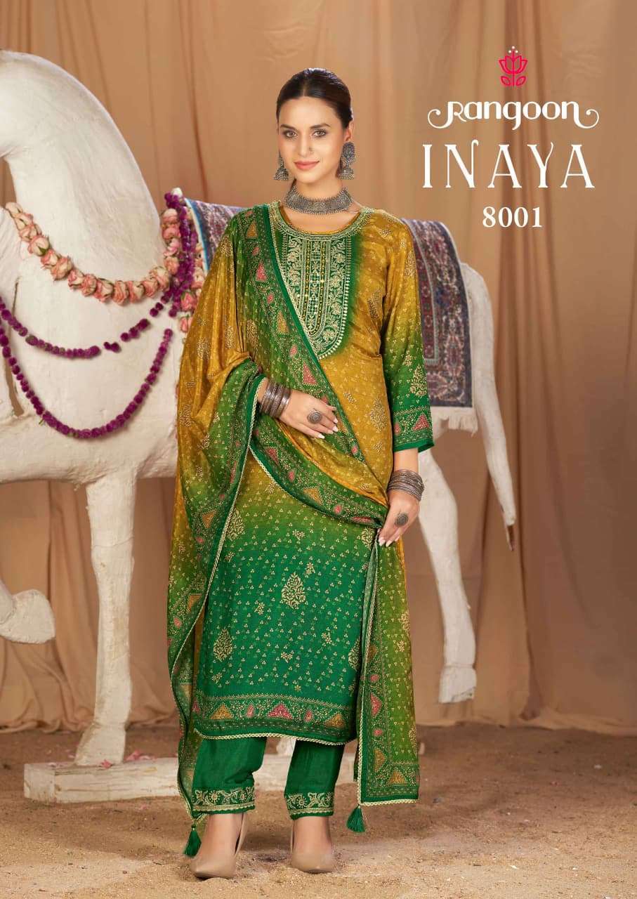 INAYA SERIES 8001 TO 8004 BY RANGOON DESIGNER DIGITAL PRINTED AND AARI WORK MUSLIN SILK TOP WITH BOTTOM AND DUPATTA ARE AVAILABLE AT WHOLESALE PRICE