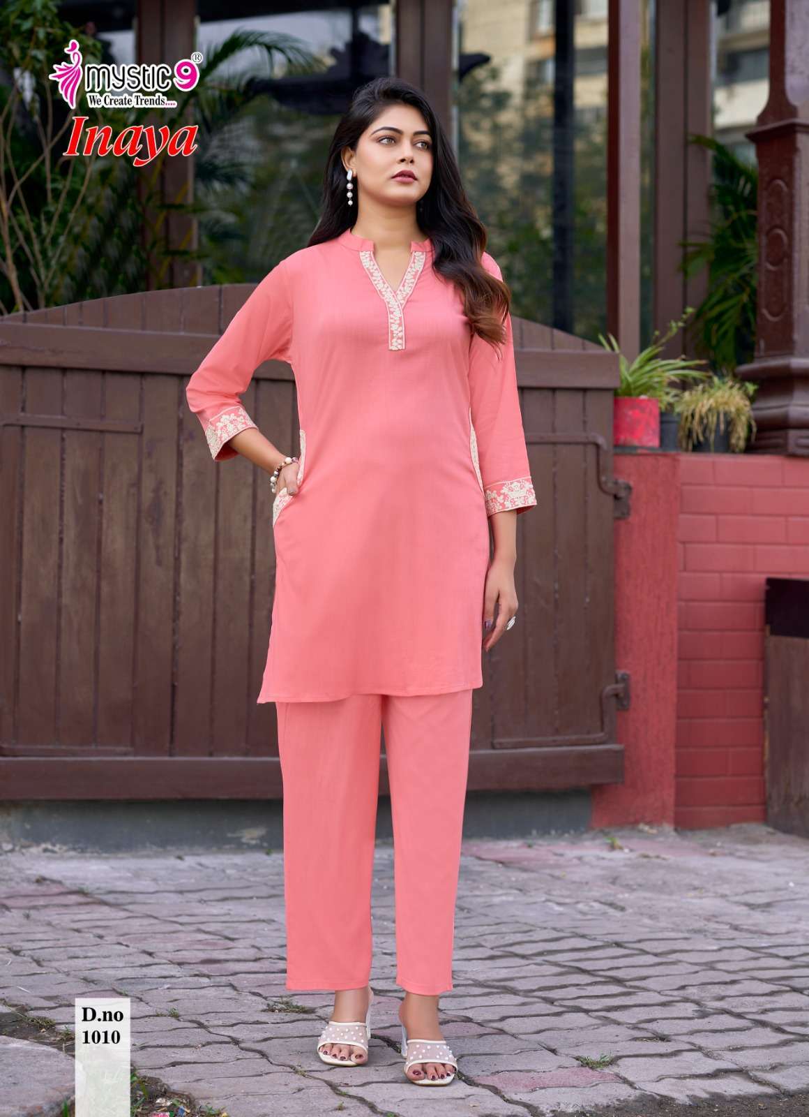 INAYA VOL-1 SERIES 1001 TO 1010 BY MYSTIC9 DESIGNER EMBROIDERY WORK VISCOSE SLUB CO ORD SET ARE AVAILABLE AT WHOLESALE PRICE 