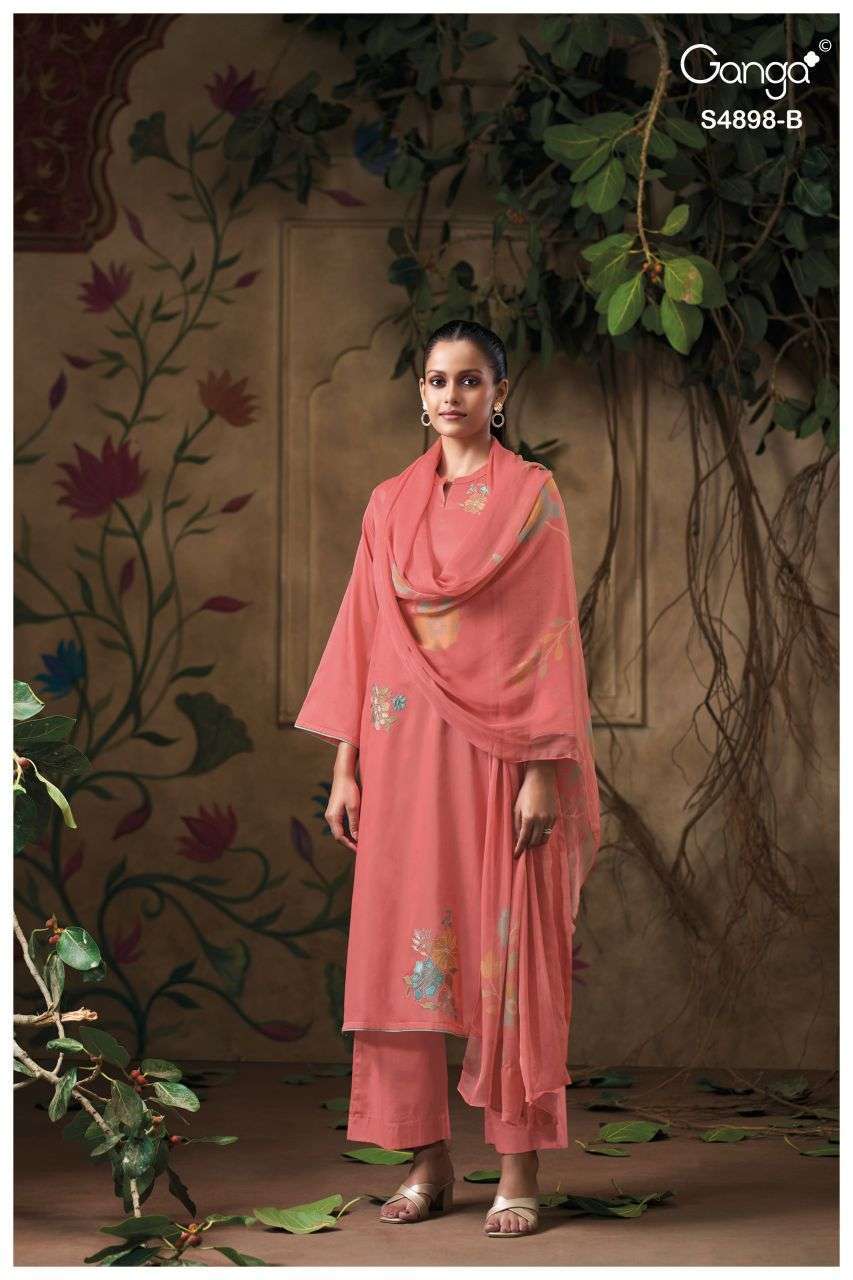 INEZA SERIES 4898 BY GANGA DESIGNER PRIN TED AND EMBROIDERY WORK COTTON SATIN SUITS ARE AVAILABLE AT WHOLESALE PRICE