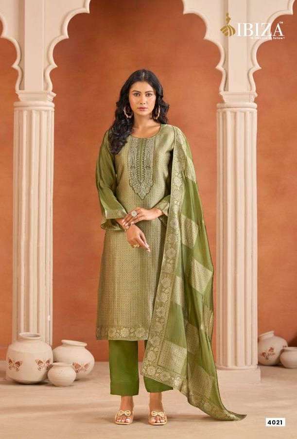 IRHA SERIES 4021 BY IBIZA DESIGNER EMBROIDERY WORK BANGLORY SILK JACQUARD SUITS ARE AVAILABLE AT WHOLESALE PRICE