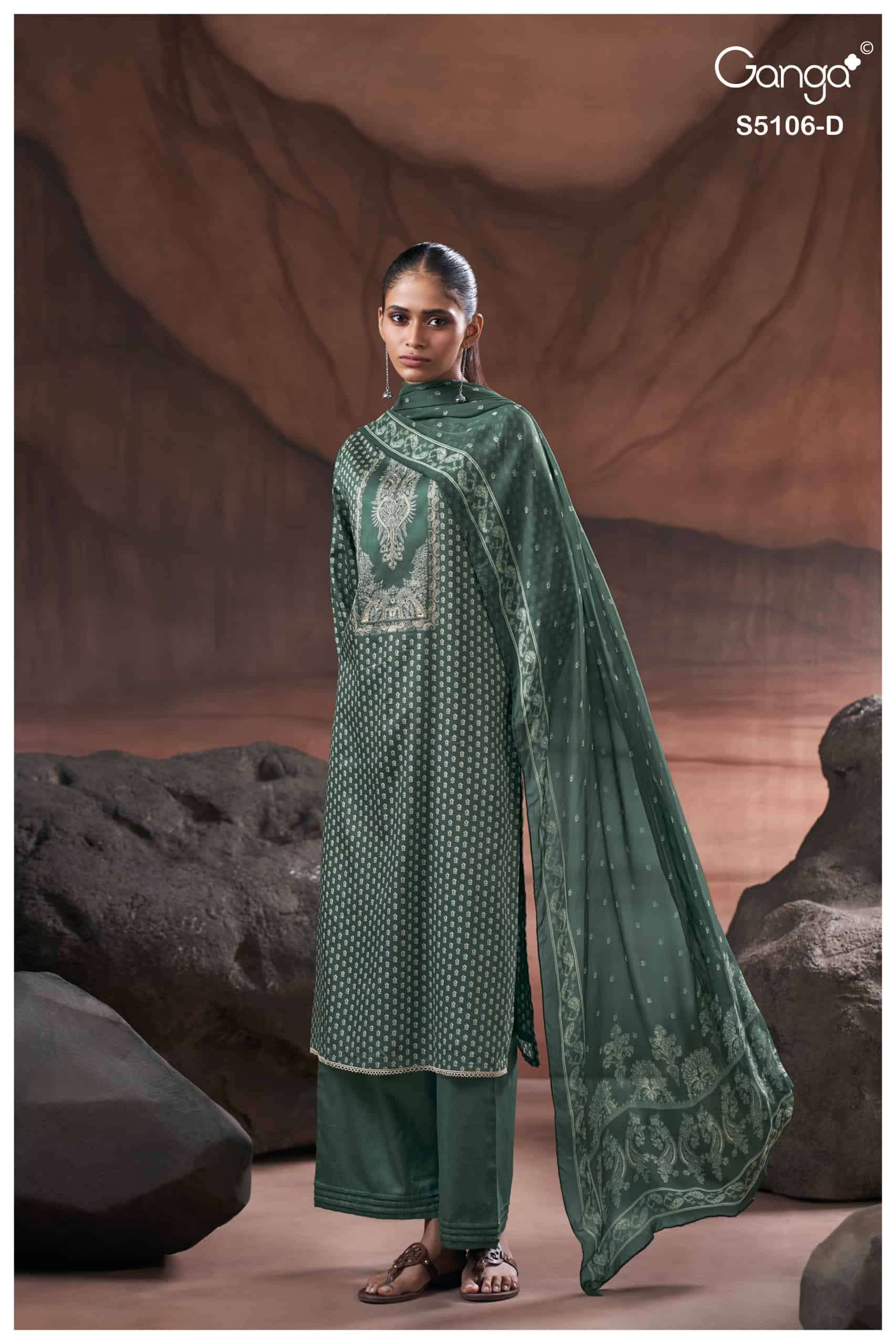 IZZIE SERIES 5106 BY GANGA DESIGNER PRINTED AND HAND WORK COTTON SATIN SUITS ARE AVAILABLE AT WHOLESALE PRICE 
