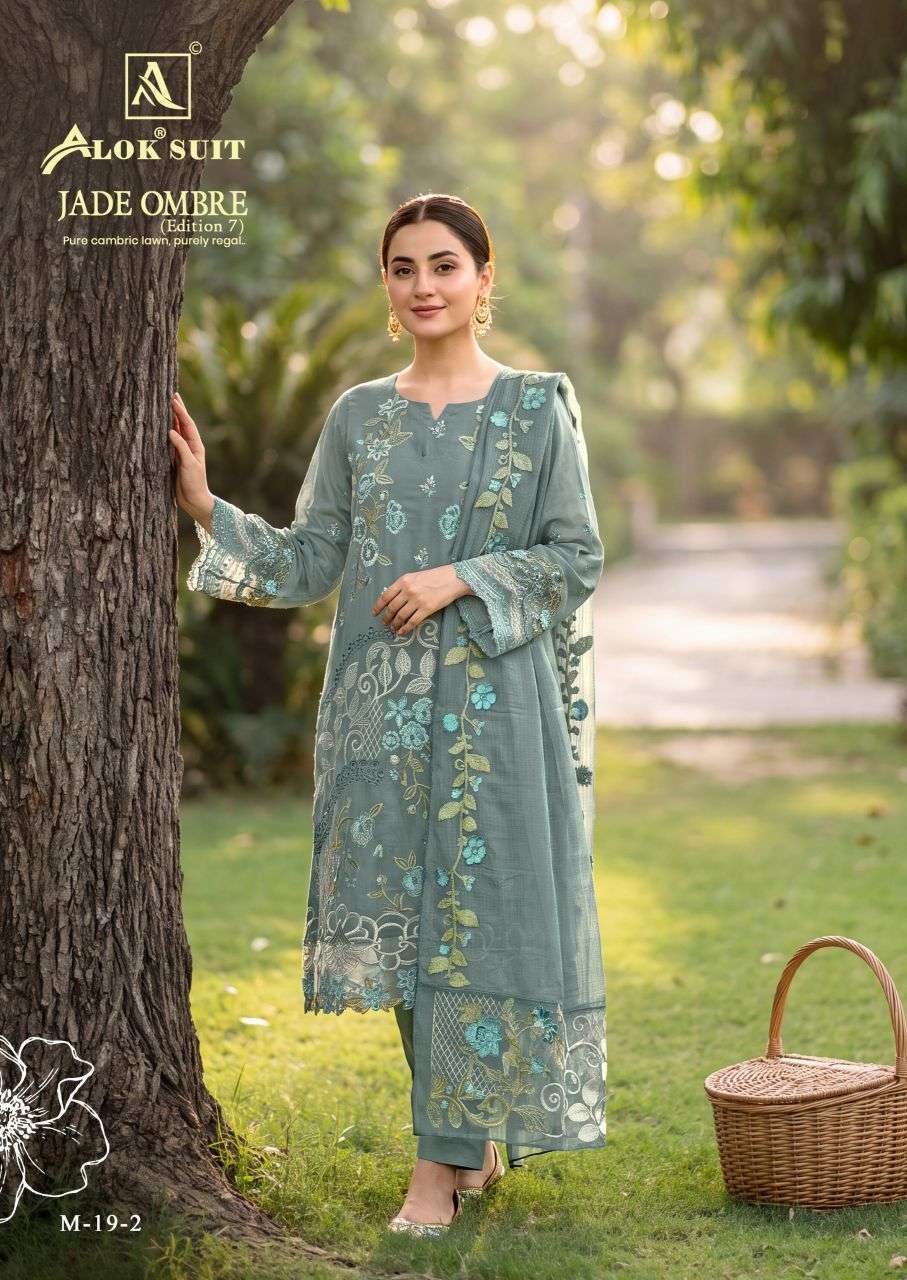 JADE OMBRE EDITION-7 SERIES 1001 TO 1006 BY ALOK SUITS DESIGNER EMBROIDERY WORK CAMBRIC LAWN SUITS ARE AVAILABLE AT WHOLESALE PRICE
