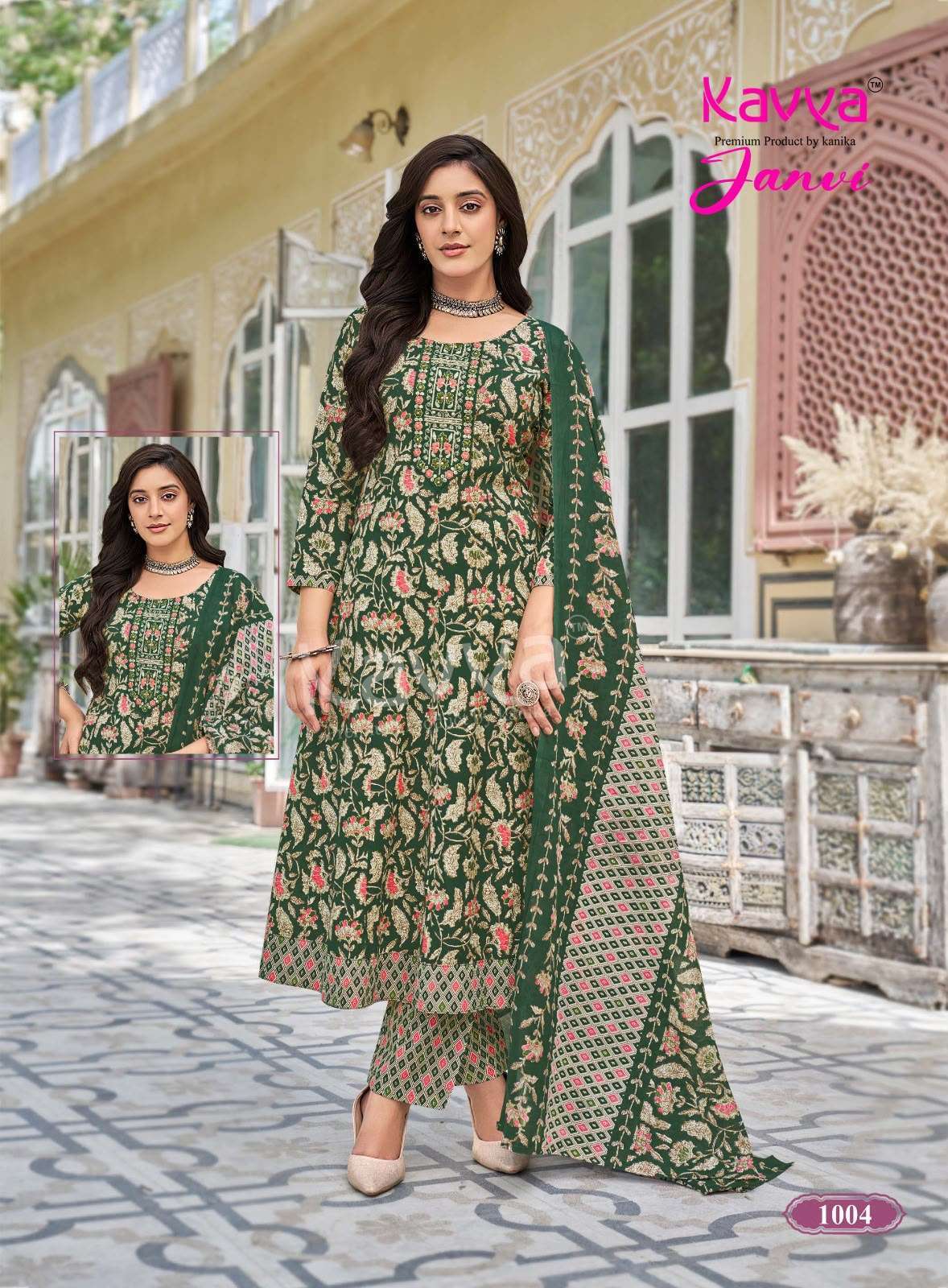 JANVI VOL-1 SERIES 1001 TO 1010 BY KAVYA DESIGNER PRINTED COTTON ANARKALI TOP WITH BOTTOM AND DUPATTA ARE AVAILABLE AT WHOLESALE PRICE