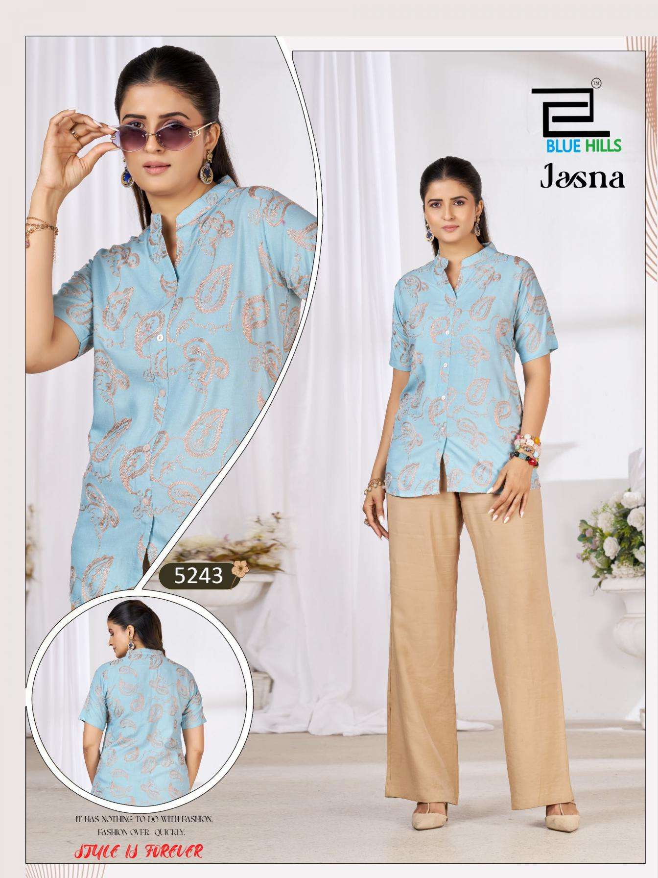 JASNA SERIES 5241 TO 5243 BY BLUE HILLS DESIGNER EMBROIDERY WORK RAYON CASUAL WEAR SHIRT ARE AVAILABLE AT WHOLESALE PRICE