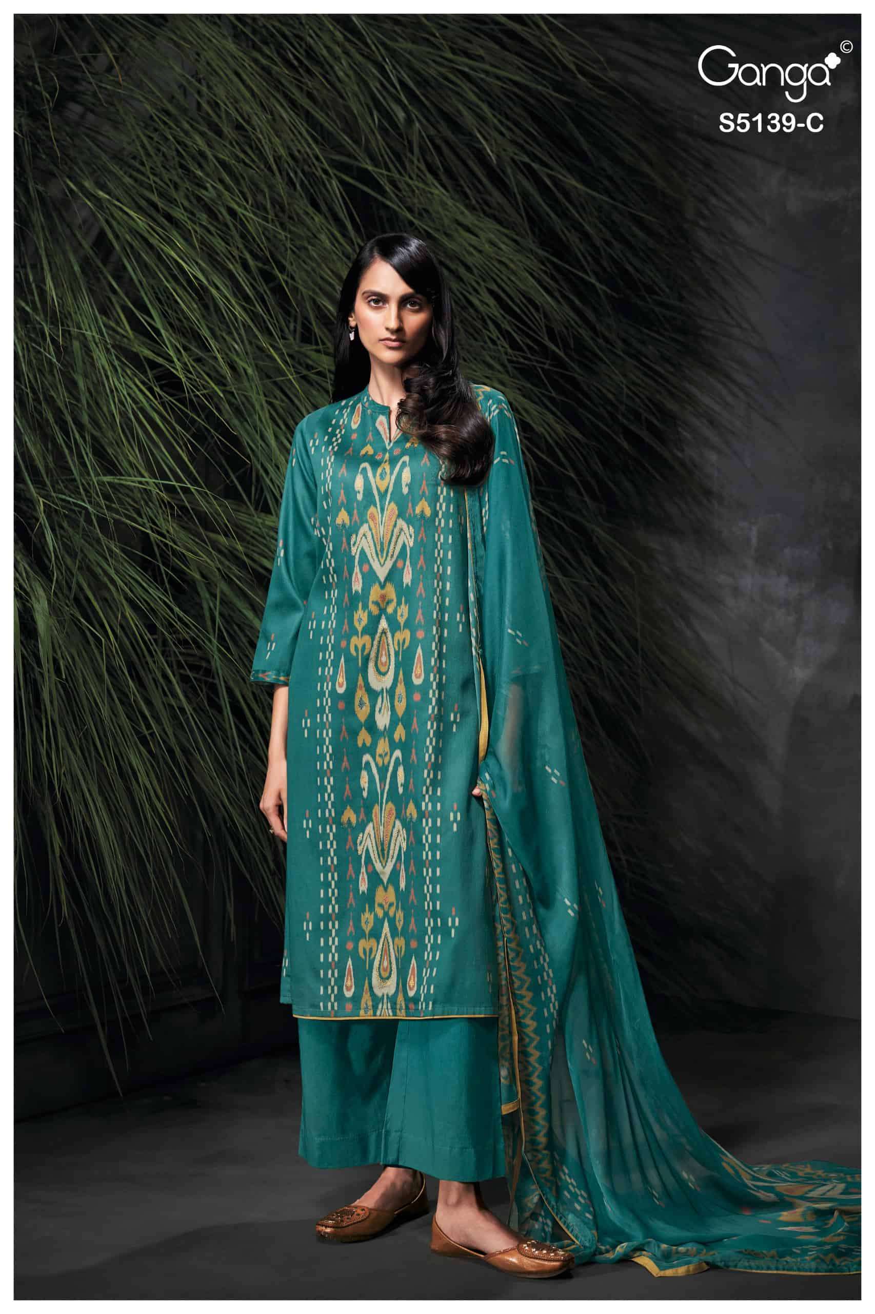 KAELIA SERIES 5139 BY GANGA DESIGNER PRINTED AND HAND EMBROIDERY WORK COTTON SATIN SUITS ARE AVAILABLE AT WHOLESALE PRICE 