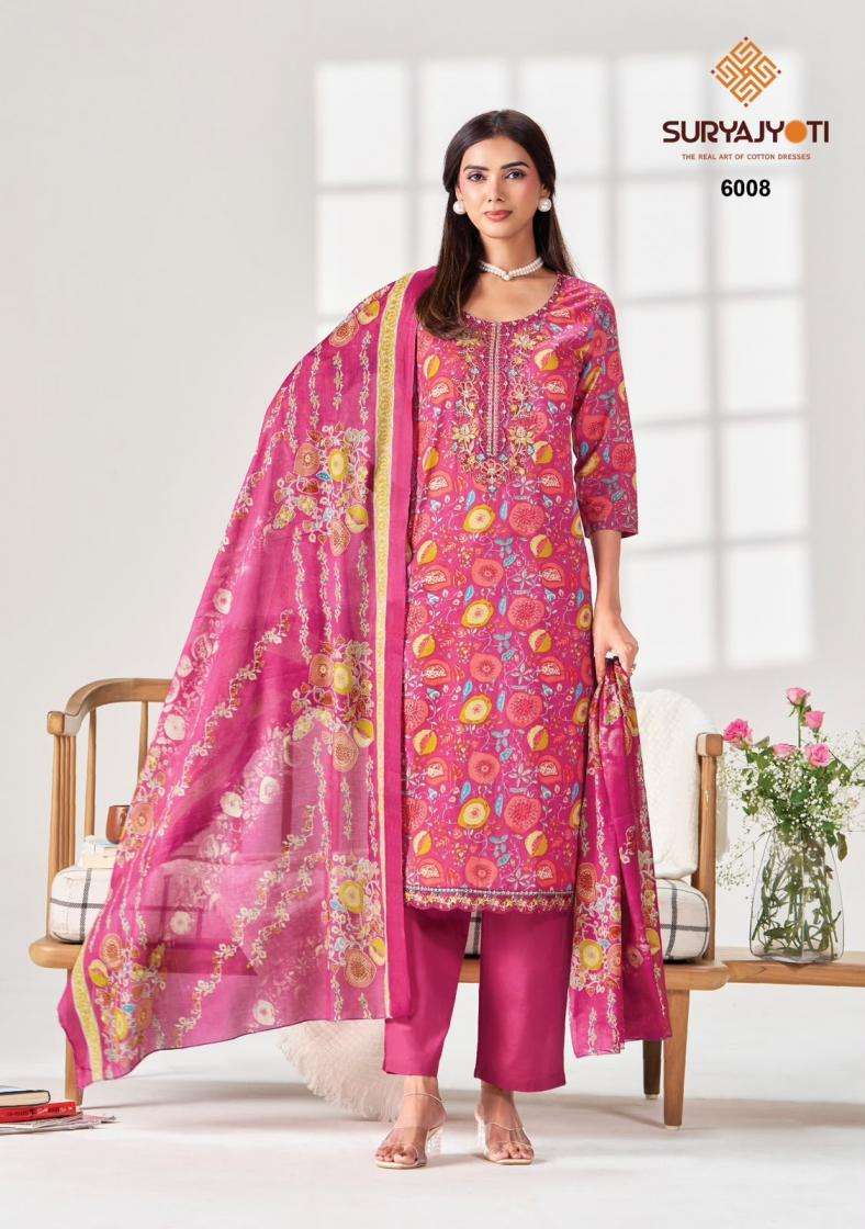 KALA VOL-6 SERIES 6001 TO 6008 BY SURYAJYOTI DESIGNER PRINTED AND WORK COTTON READYMADE SUITS ARE AVAILABLE AT WHOLESALE PRICE