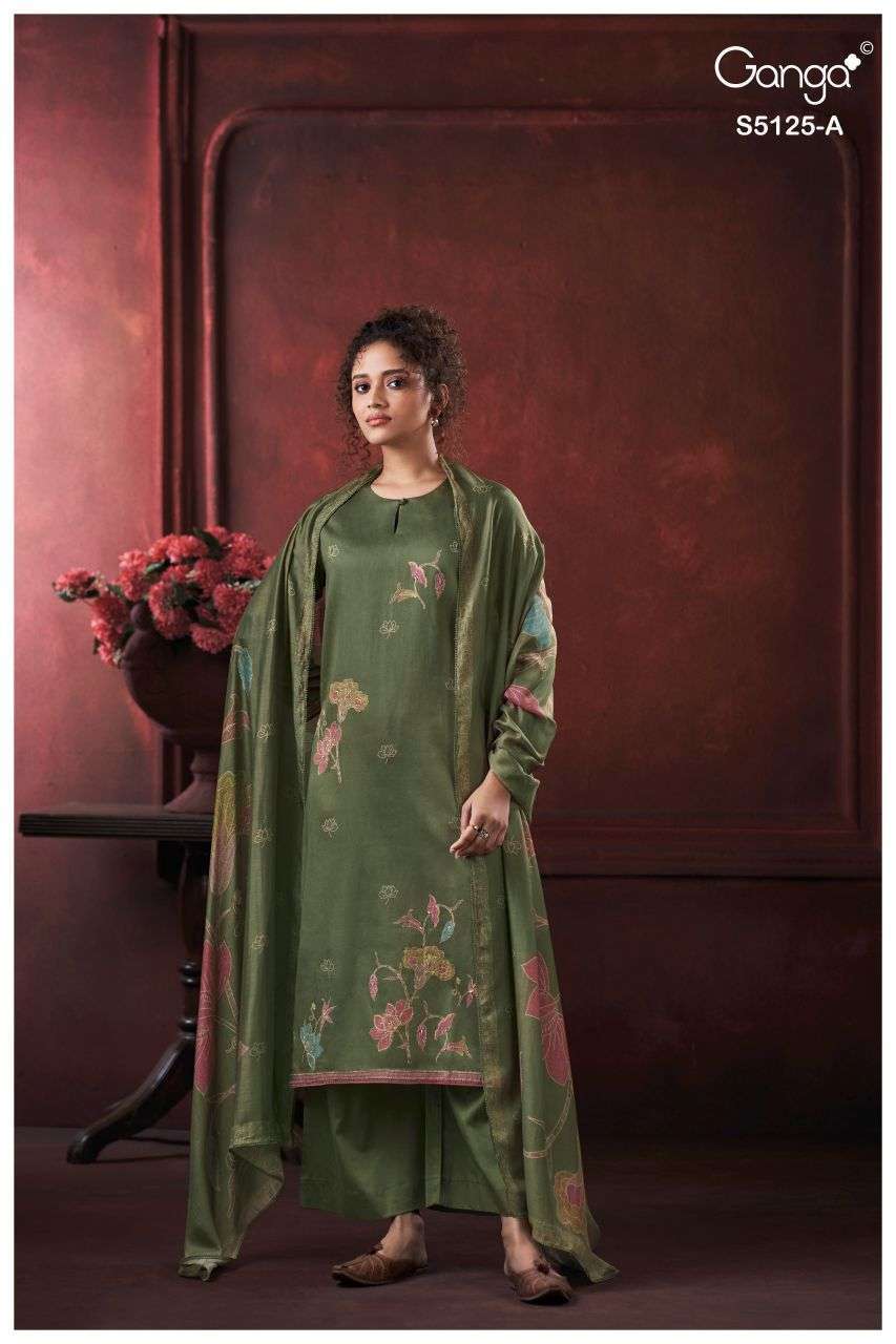 KARINA SERIES 5125 BY GANGA DESIGNER PRINTED WITH HAND WORK AND HAND EMBROIDERY WORK COTTON SATIN SUITS ARE AVAILABLE AT WHOLESALE PRICE