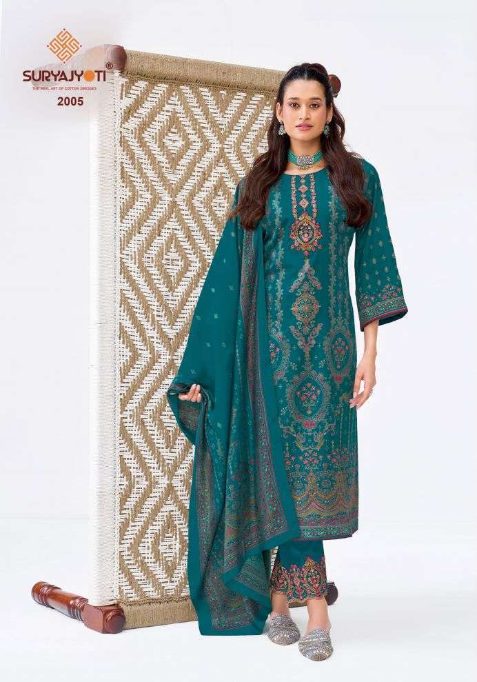 KAVIRA VOL-2 SERIES 2001 TO 2006 BY SURYAJYOTI DESIGNER EMBROIDERY WORK AND DISCHARGE PRINT JAM SATIN SUITS ARE AVAILABLE AT WHOLESALE PRICE