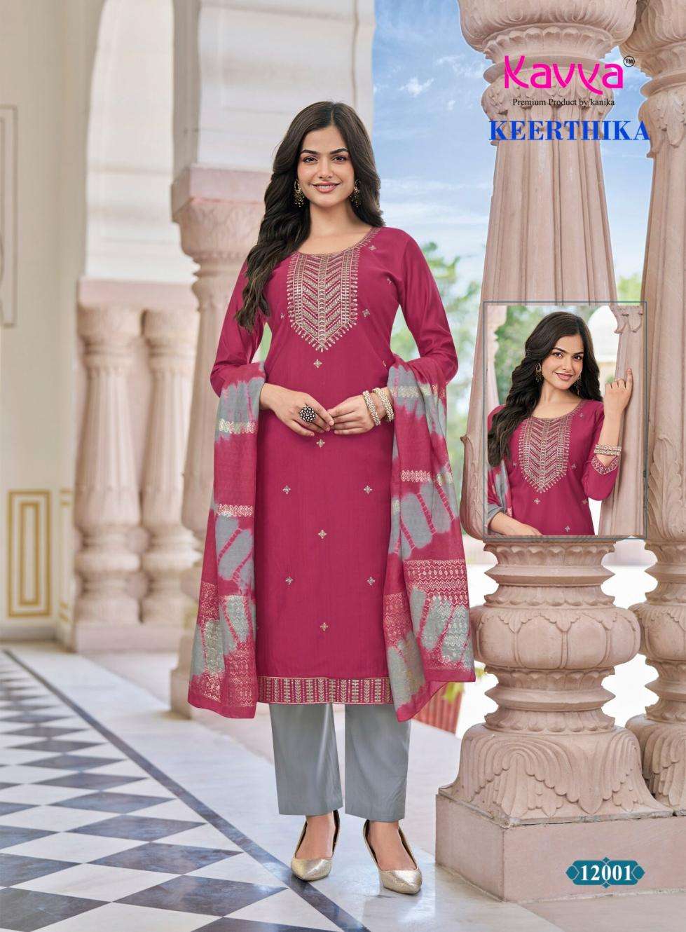 KEERTHIKA VOL-12 SERIES 12001 TO 12010 BY KAVYA DESIGNER WORK VISCOSE VATICAN TOP WITH BOTTOM AND DUPATTA ARE AVAILABLE AT WHOLESALE PRICE
