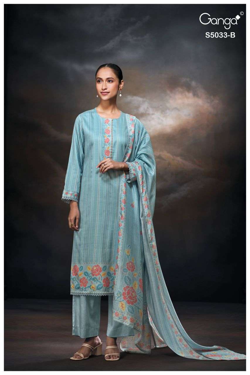 KENZIE SERIES 5033 BY GANGA DESIGNER PRINTED WITH EMBROIDERY AND SCHIFFLI EMBROIDERY WORK COTTON SATIN SUITS ARE AVAILABLE AT WHOLESALE PRICE 