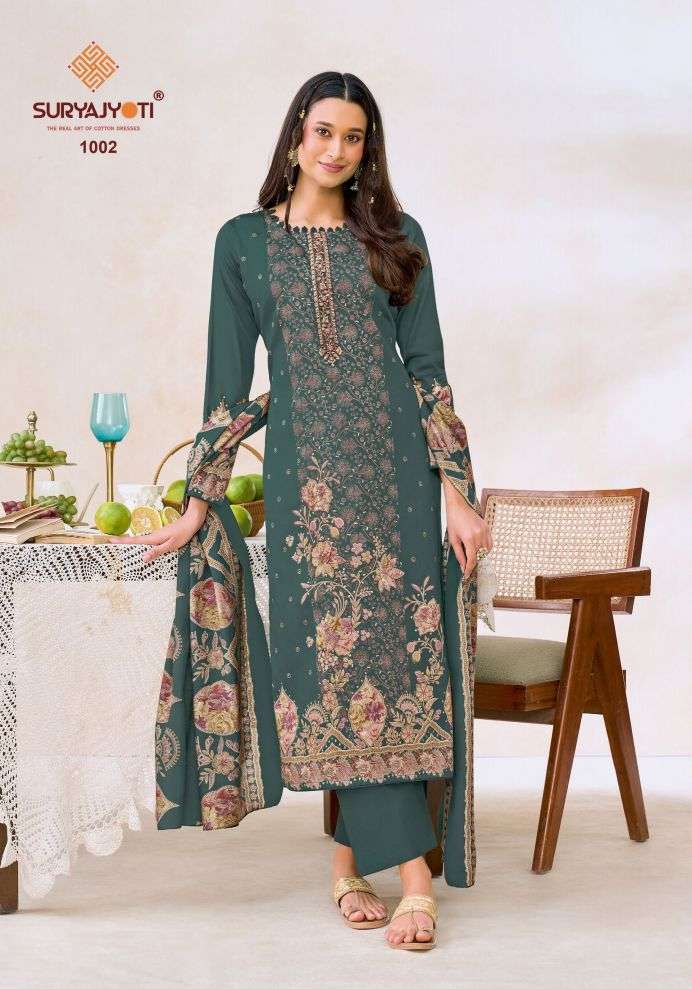 KESHRI VOL-1 SERIES 1001 TO 1006 BY SURYAJYOTI DESIGNER DISCHARGE AND FOIL PRINT WITH BEADS AND HAND WORK JAM SATIN SUITS ARE AVAILABLE AT WHOLESALE PRICE