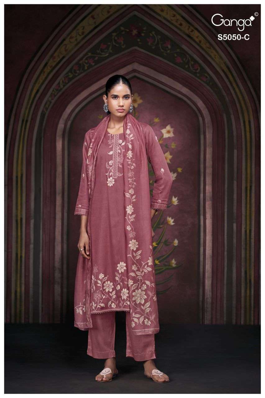 KESHVIKA SERIES 5050 BY GANGA DESIGNER PRINTED WITH HAND EMBROIDERY AND HAND WORK COTTON SATIN SUITS ARE AVAILABLE AT WHOLESALE PRICE