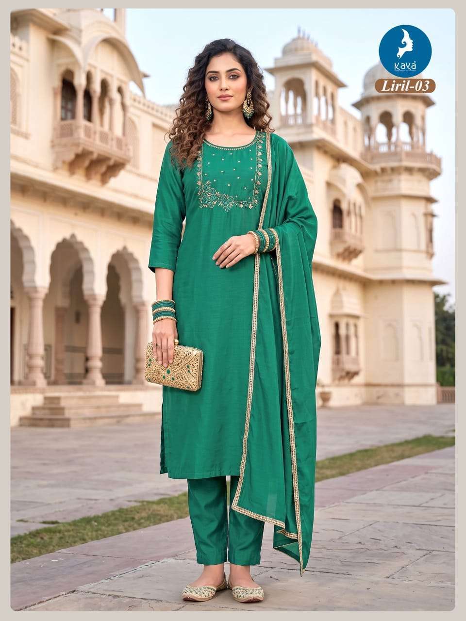 LIRIL SERIES 01 TO 06 BY KAYA DESIGNER EMBROIDERY WORK MUL CHANDERI TOP WITH BOTTOM AND DUPATTA ARE AVAILABLE AT WHOLESALE PRICE 