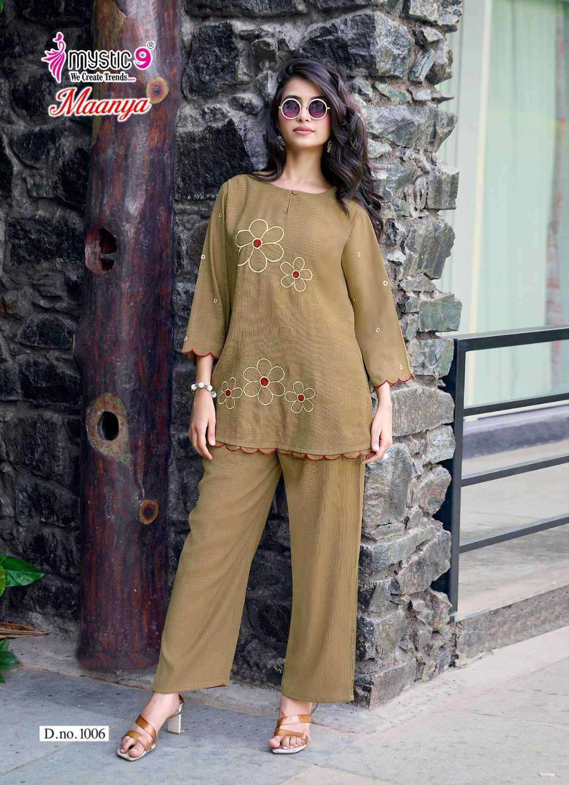 MAANYA VOL-1 SERIES 1001 TO 1008 BY MYSTIC 9 DESIGNER EMBROIDERY WORK SILK WRINKLE CO ORD SETS ARE AVAILABLE AT WHOLESALE PRICE