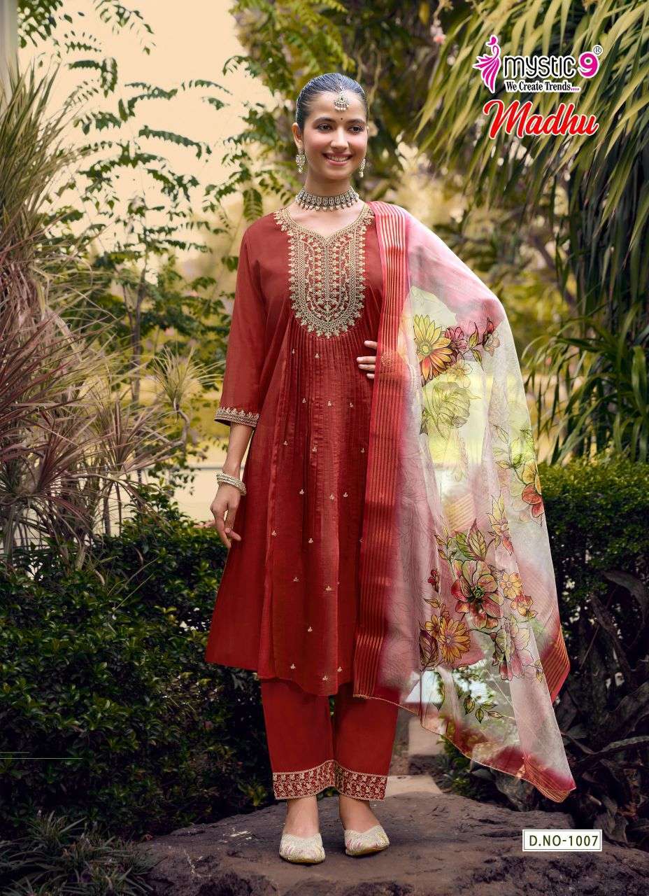 MADHU VOL-1 SERIES 1001 TO 1008 BY MYSTIC 9 DESIGNER EMBROIDERY WORK CHANDERI DYED FLARED KURTI WITH BOTTOM AND DUPATTA ARE AVAILABLE AT WHOLESALE PRICE