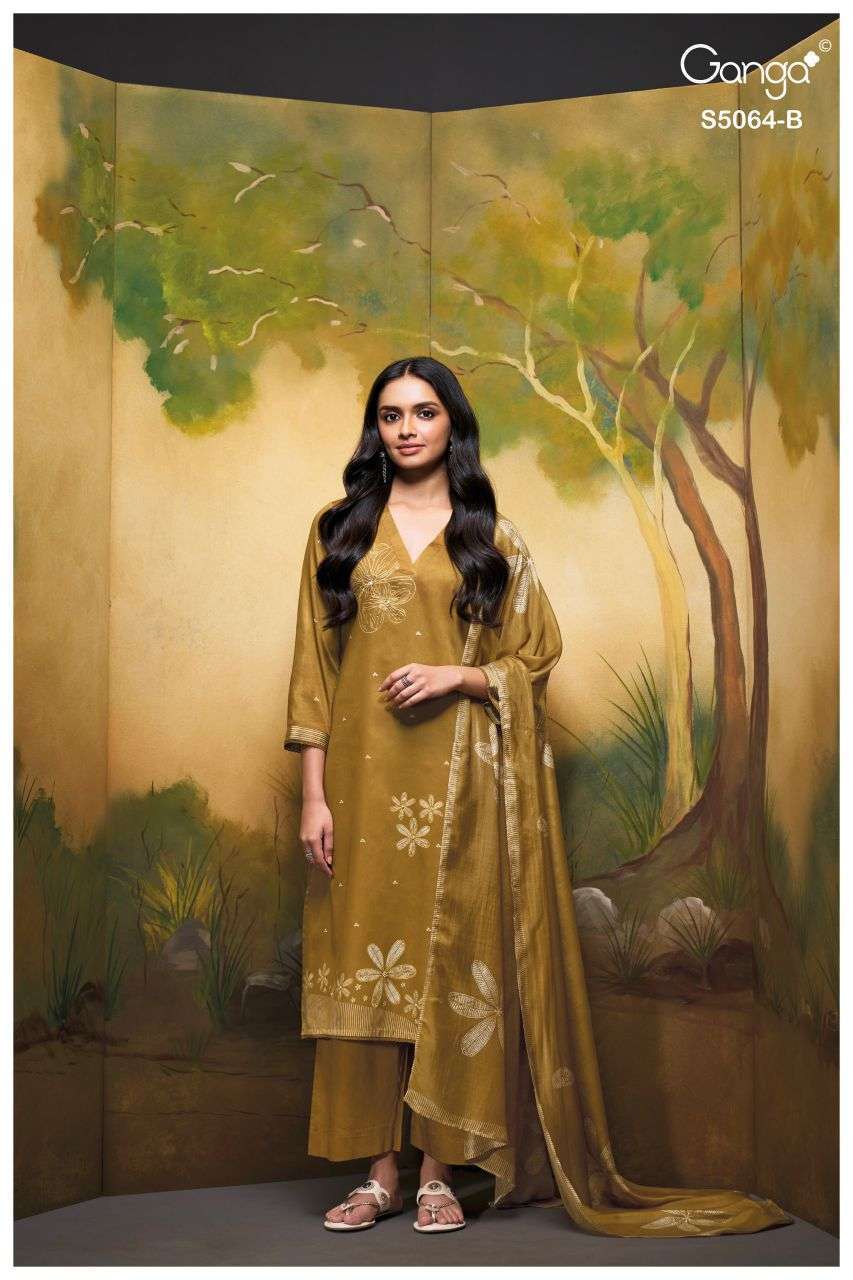 MAEVINA SERIES 5064 BY GANGA DESIGNER PRINTED WITH HAND EMBROIDERY AND HAND WORK COTTON SATIN SUITS ARE AVAILABLE AT WHOLESALE PRICE