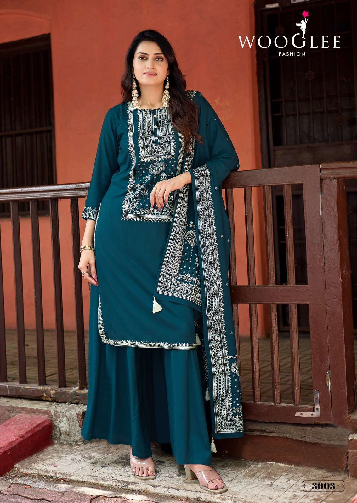 MAHARANI SERIES 3001 TO 3006 BY WOOGLEE DESIGNER PRINTED AND HAND WORK RAYON KURTI WITH BOTTOM AND DUPATTA ARE AVAILABLE AT WHOLESALE PRICE