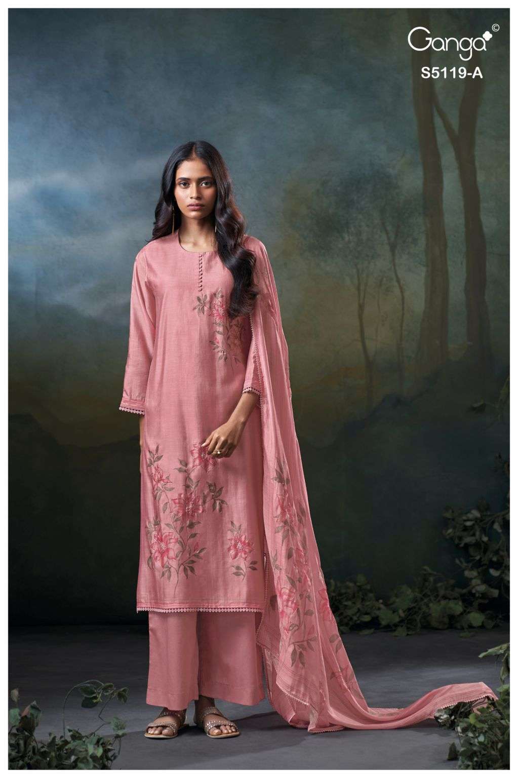 MALIA SERIES 5119 BY GANGA DESIGNER PRINTED WITH HAND EMBROIDERY AND SCHIFFLI EMBROIDERY WORK BEMBERG SILK SUITS ARE AVAILABLE AT WHOLESALE PRICE