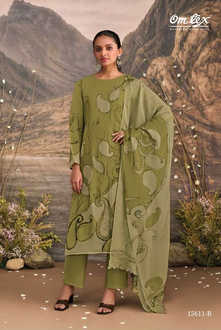MARINA SERIES 15611 BY OMTEX DESIGNER PRINTED WITH EMBROIDERY PATCH WORK ORGANZA TWILL SUITS ARE AVAILABLE AT WHOLESALE PRICE