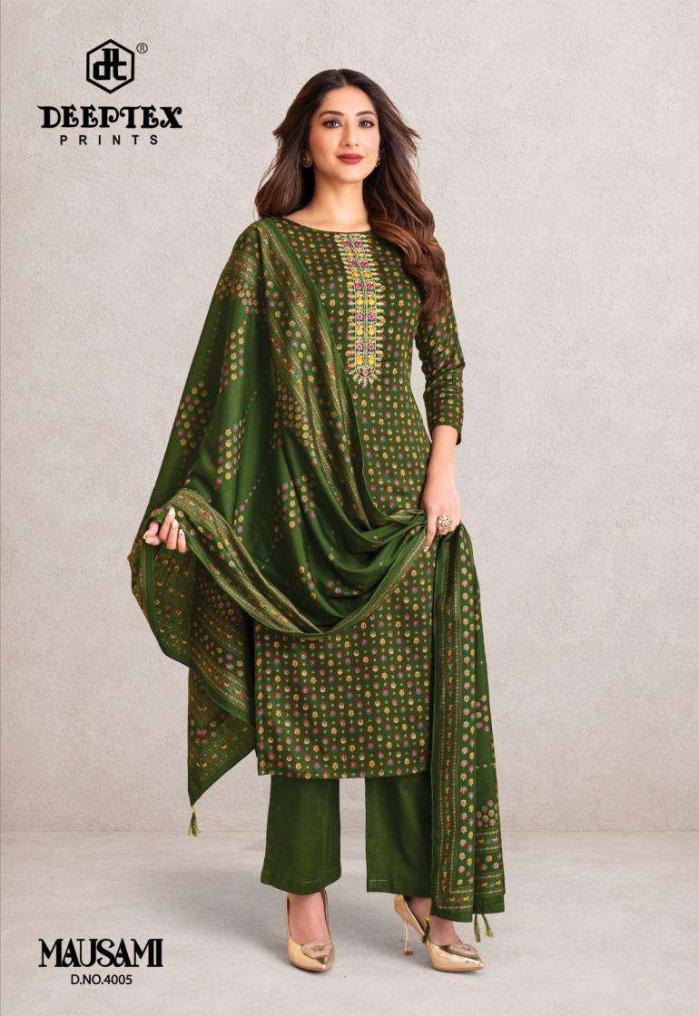 MAUSAMI VOL-4 SERIES 4001 TO 4008 BY DEEPTEX DESIGNER PRINTED AND WORK JAM SATIN SUITS ARE AVAILABLE AT WHOLESALE PRICE