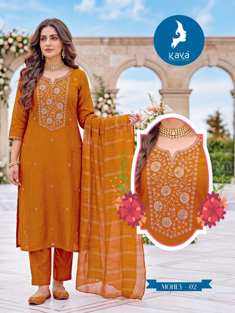 MOHEY SERIES 01 TO 06 BY KAYA DESIGNER EMBROIDERY WORK ROMAN KURTI WITH BOTTOM AND DUPATTA ARE AVAILABLE AT WHOLESALE PRICE 