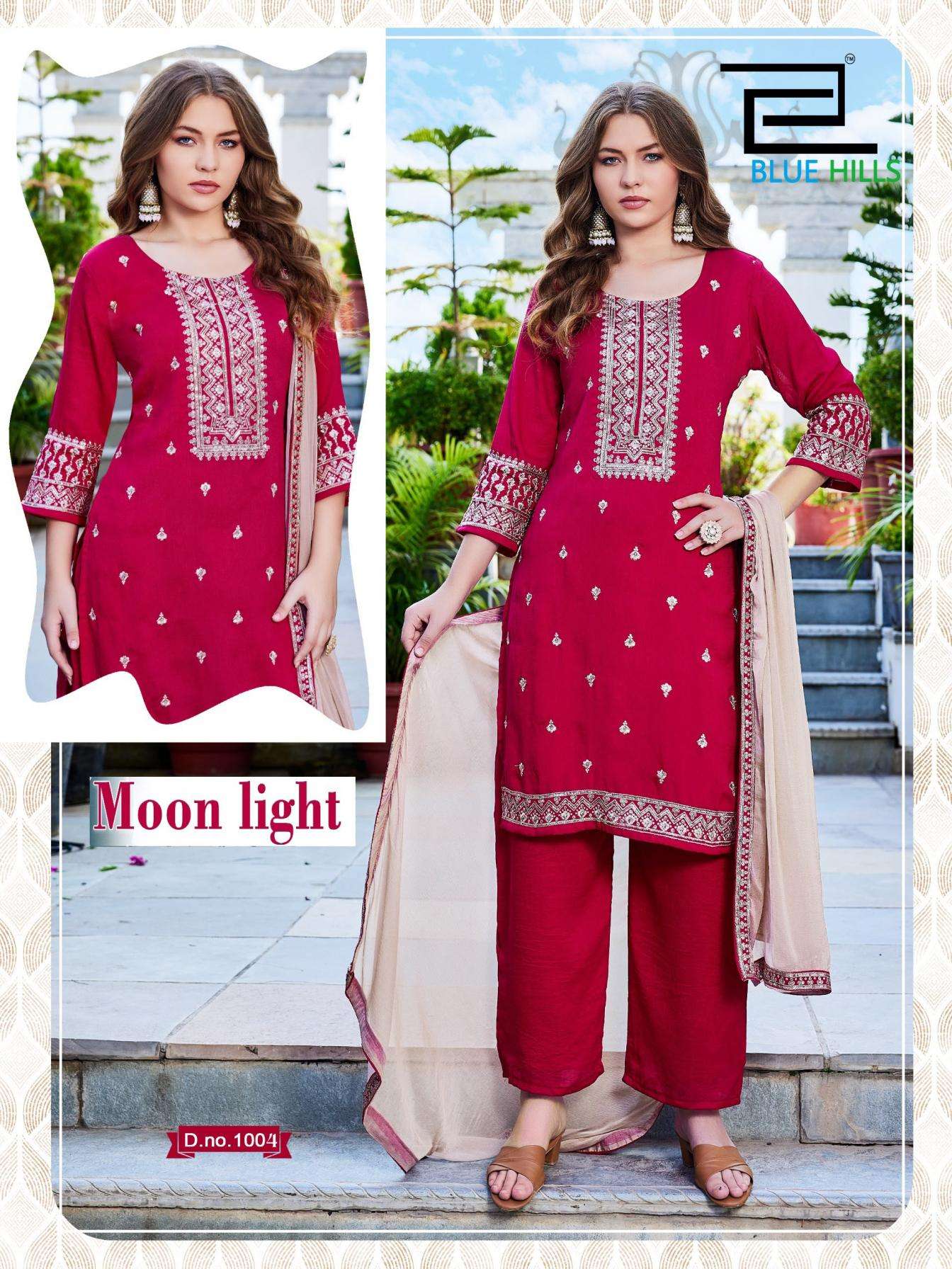 MOON LIGHT SERIES 1001 TO 1004 BY BLUE HILLS DESIGNER JARI SEQUENCE WORK VICHITRA TOP WITH BOTTOM AND DUPATTA ARE AVAILABLE AT WHOLESALE PRICE