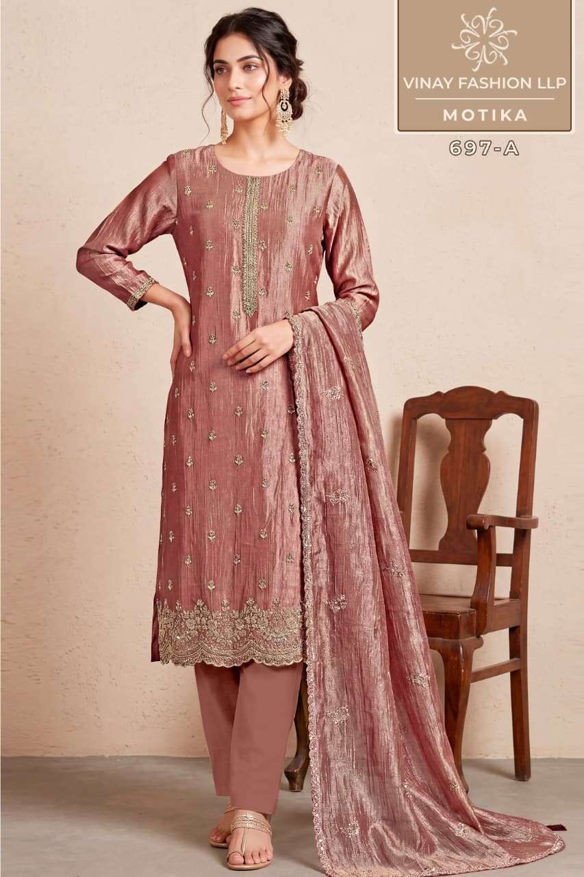 MOTIKA SERIES 697 BY VINAY DESIGNER BEADS WORK SALSA SILK SUITS ARE AVAILABLE AT WHOLESALE PRICE