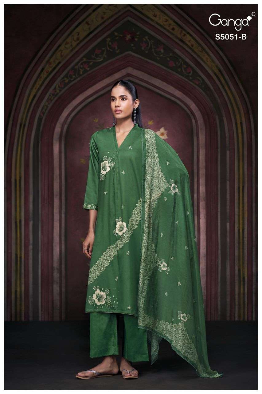 MYSHA SERIES 5051 BY GANGA DESIGNER PRINTED WITH HAND EMBROIDERY WORK COTTON SATIN SUITS ARE AVAILABLE AT WHOLESALE PRICE