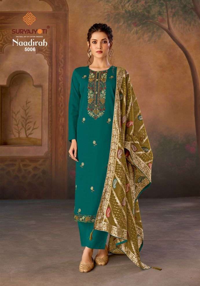 NAADIRAH VOL-5 SERIES 5001 TO 5006 BY SURYAJYOTI DESIGNER EMBROIDERY WORK JAM SATIN SUITS ARE AVAILABLE AT WHOLESALE PRICE