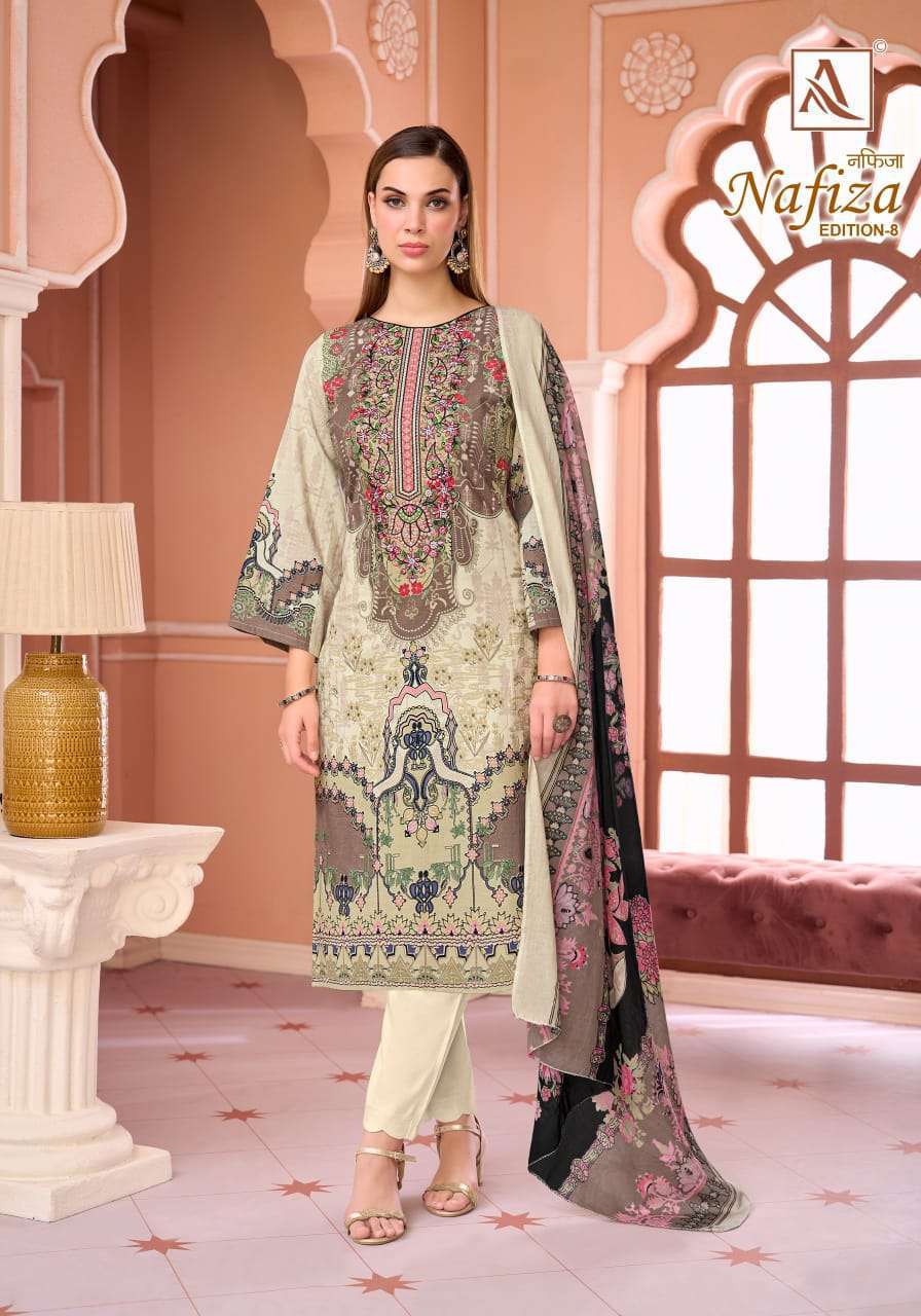 NAFIZA EDITION-8 SERIES 3087 BY ALOK SUITS DESIGNER WITH PRINTED AND WORK CAMBRIC COTTON SUITS ARE AVAILABLE AT WHOLESALE PRICE