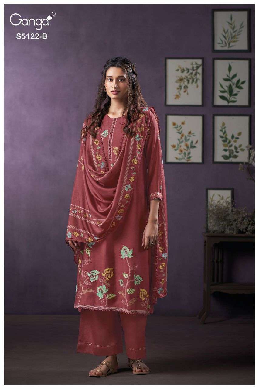 NAILA SERIES 5122 BY GANGA DESIGNER PRINTED WITH HAND EMBROIDERY AND SCHIFFLI EMBROIDERY WORK BEMBERG SILK SUITS ARE AVAILABLE AT WHOLESALE PRICE 