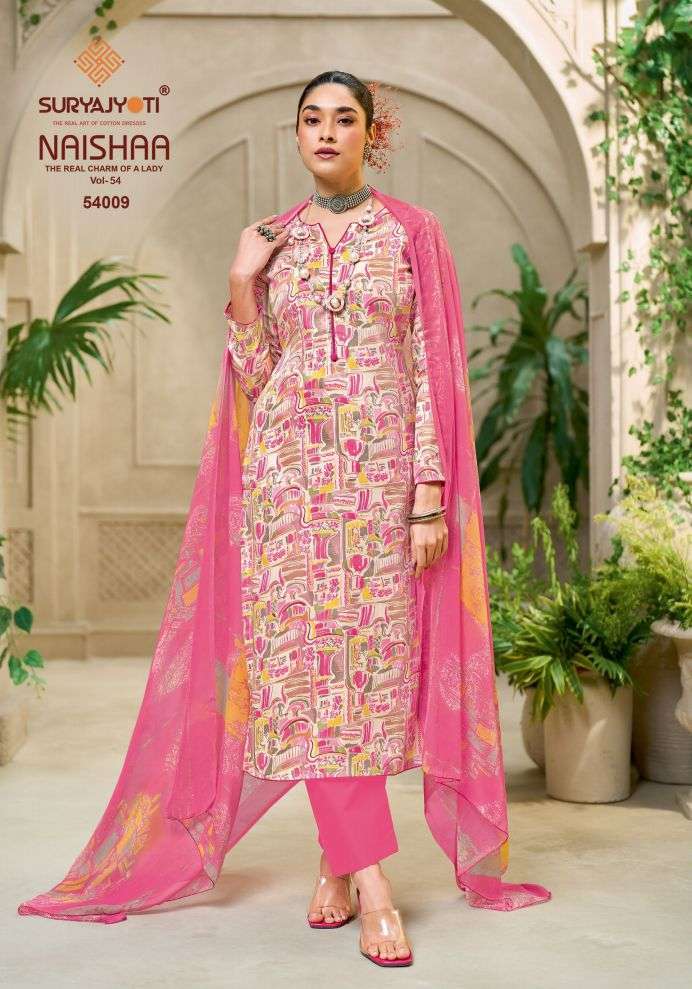NAISHAA VOL-54 SERIES 54001 TO 54010 BY SURYAJYOTI DESIGNER PRINTED AND WORK JAM SATIN SUITS ARE AVAILABLE AT WHOLESALE PRICE